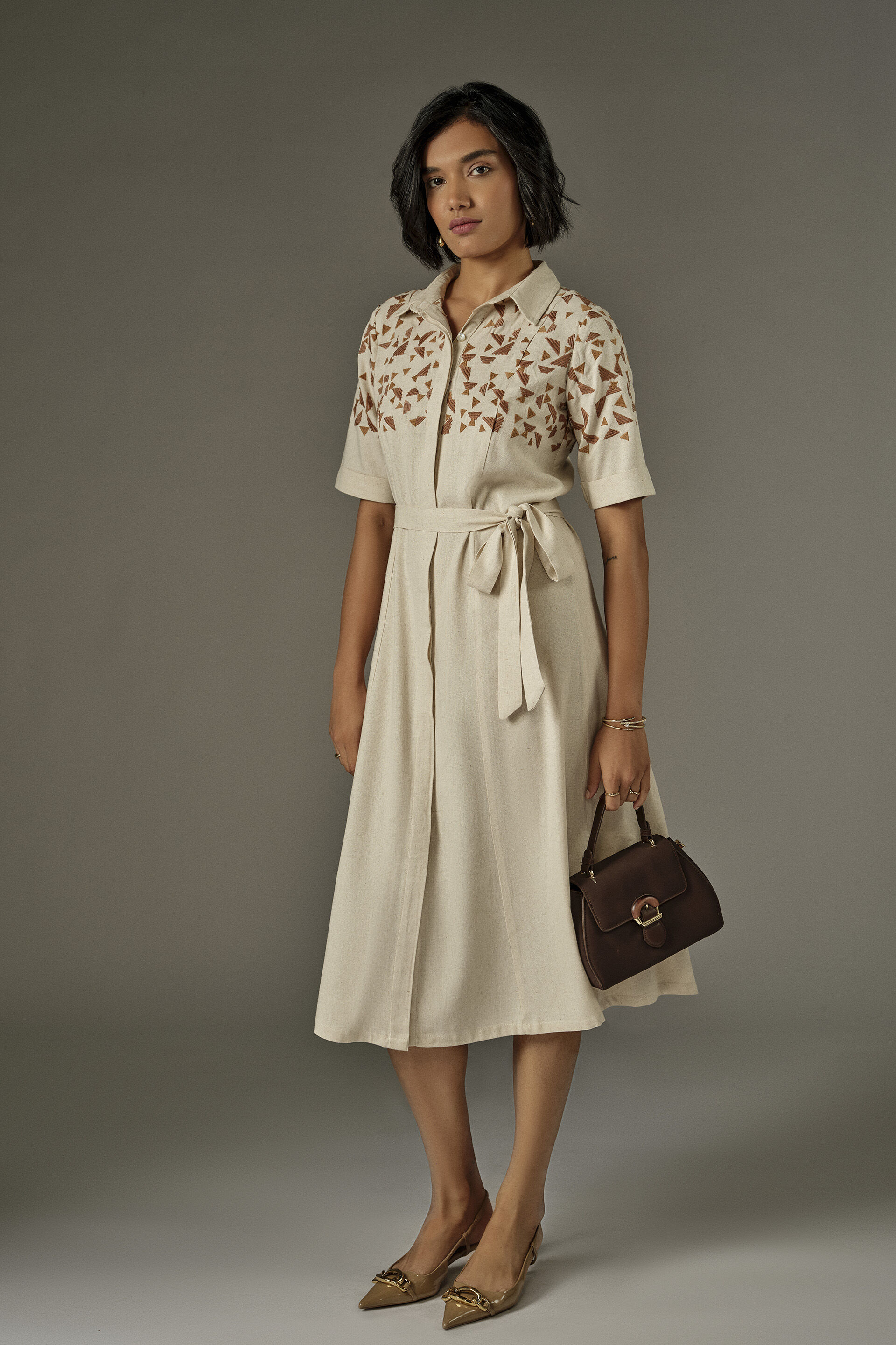 Geometric Embroidered Shirt Dress in Natural, Peach, image 2